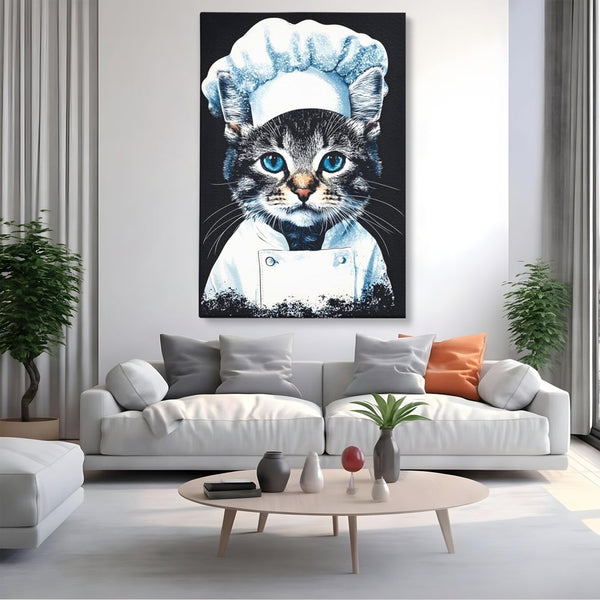 Fotoleinwand Canvas Premium, LuxCanva® M1215, Koch Gheruta, Katze, Küche, Gastronomie, Katze, Koch, Kostüm, Restaurant, liebenswert, fröhlich, heiter, flauschig, Büro, Wohnen, Wohnzimmer, Babyzimmer