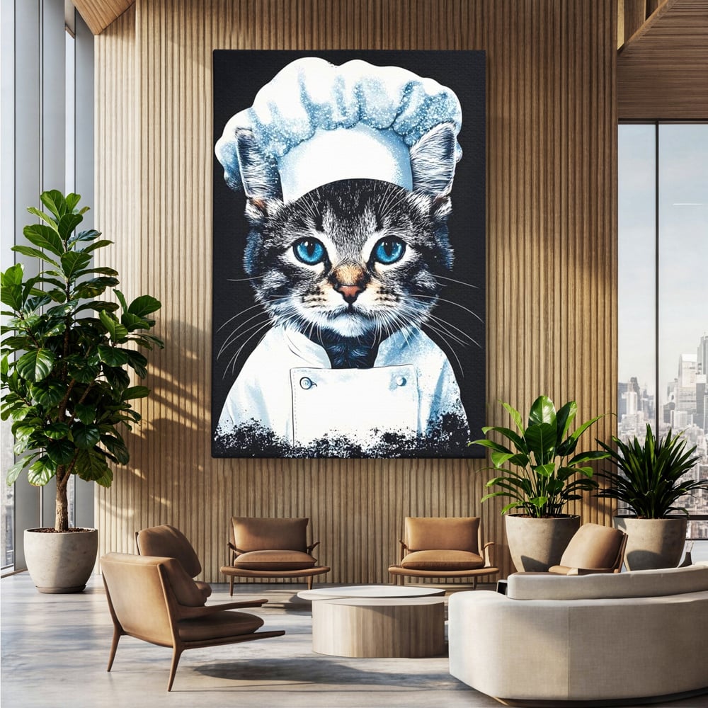 Fotoleinwand Canvas Premium, LuxCanva® M1215, Koch Gheruta, Katze, Küche, Gastronomie, Katze, Koch, Kostüm, Restaurant, liebenswert, fröhlich, heiter, flauschig, Büro, Wohnen, Wohnzimmer, Babyzimmer