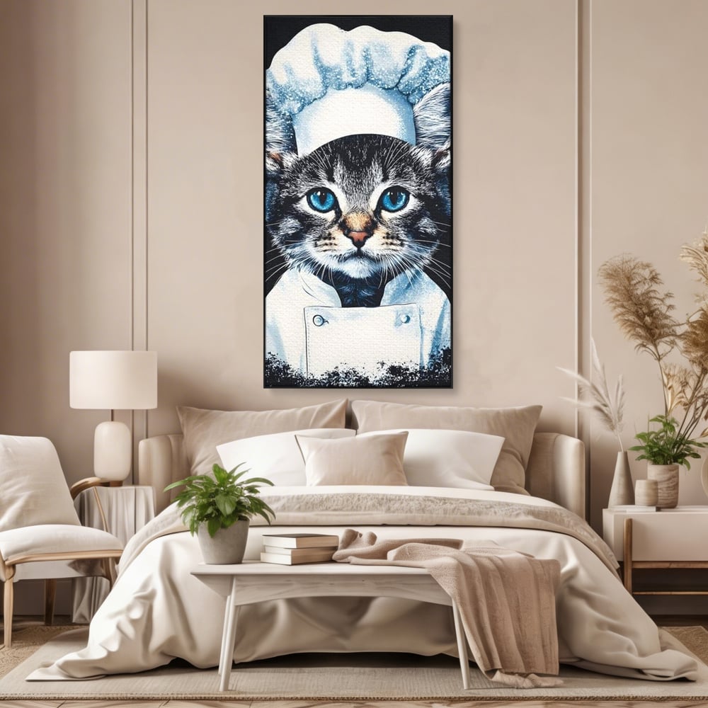 Fotoleinwand Canvas Premium, LuxCanva® M1215, Koch Gheruta, Katze, Küche, Gastronomie, Katze, Koch, Kostüm, Restaurant, liebenswert, fröhlich, heiter, flauschig, Büro, Wohnen, Wohnzimmer, Babyzimmer