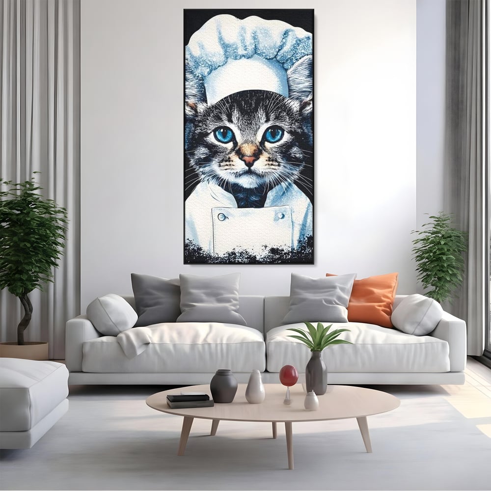 Fotoleinwand Canvas Premium, LuxCanva® M1215, Koch Gheruta, Katze, Küche, Gastronomie, Katze, Koch, Kostüm, Restaurant, liebenswert, fröhlich, heiter, flauschig, Büro, Wohnen, Wohnzimmer, Babyzimmer