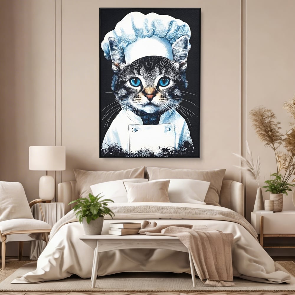 Fotoleinwand Canvas Premium, LuxCanva® M1215, Koch Gheruta, Katze, Küche, Gastronomie, Katze, Koch, Kostüm, Restaurant, liebenswert, fröhlich, heiter, flauschig, Büro, Wohnen, Wohnzimmer, Babyzimmer