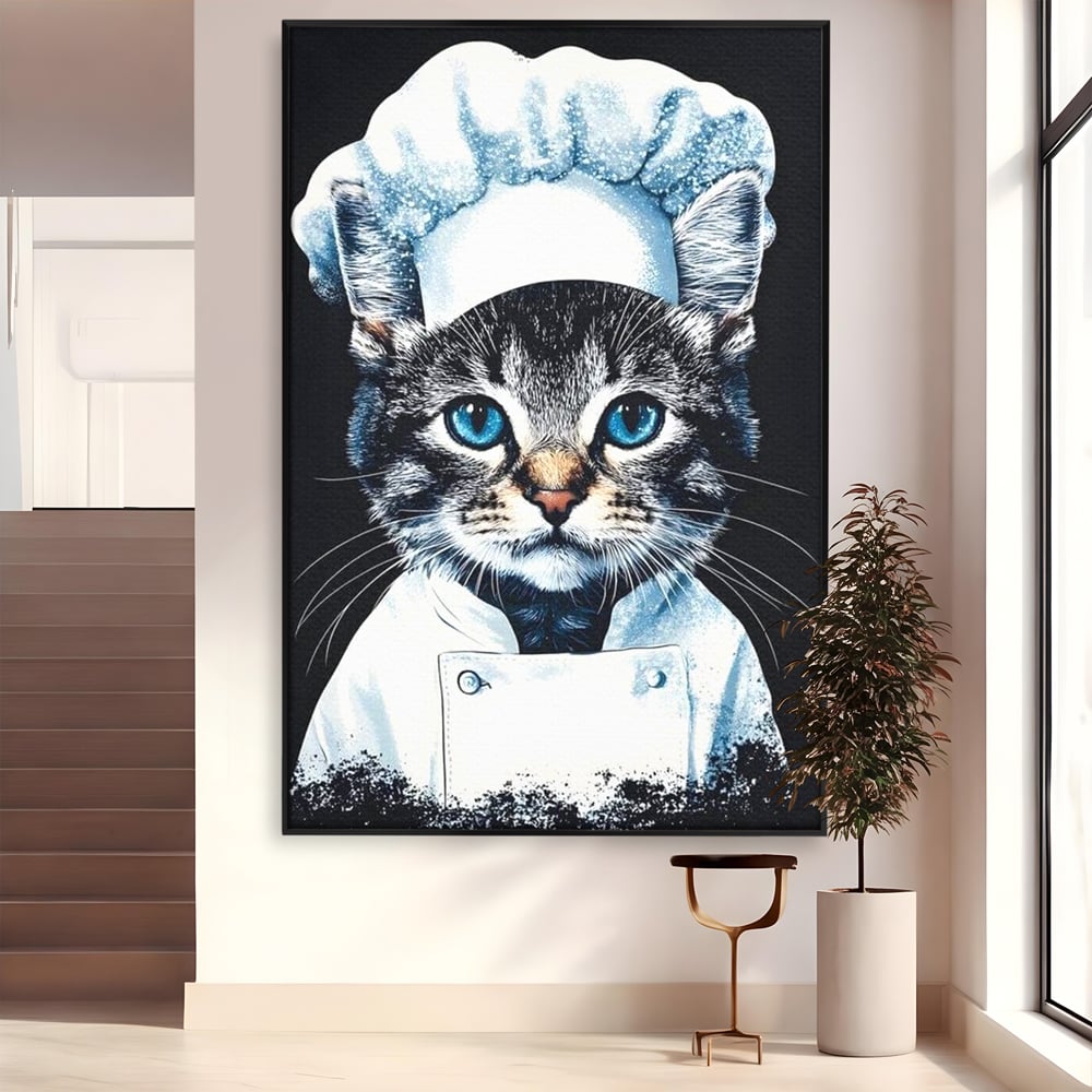 Fotoleinwand Canvas Premium, LuxCanva® M1215, Koch Gheruta, Katze, Küche, Gastronomie, Katze, Koch, Kostüm, Restaurant, liebenswert, fröhlich, heiter, flauschig, Büro, Wohnen, Wohnzimmer, Babyzimmer