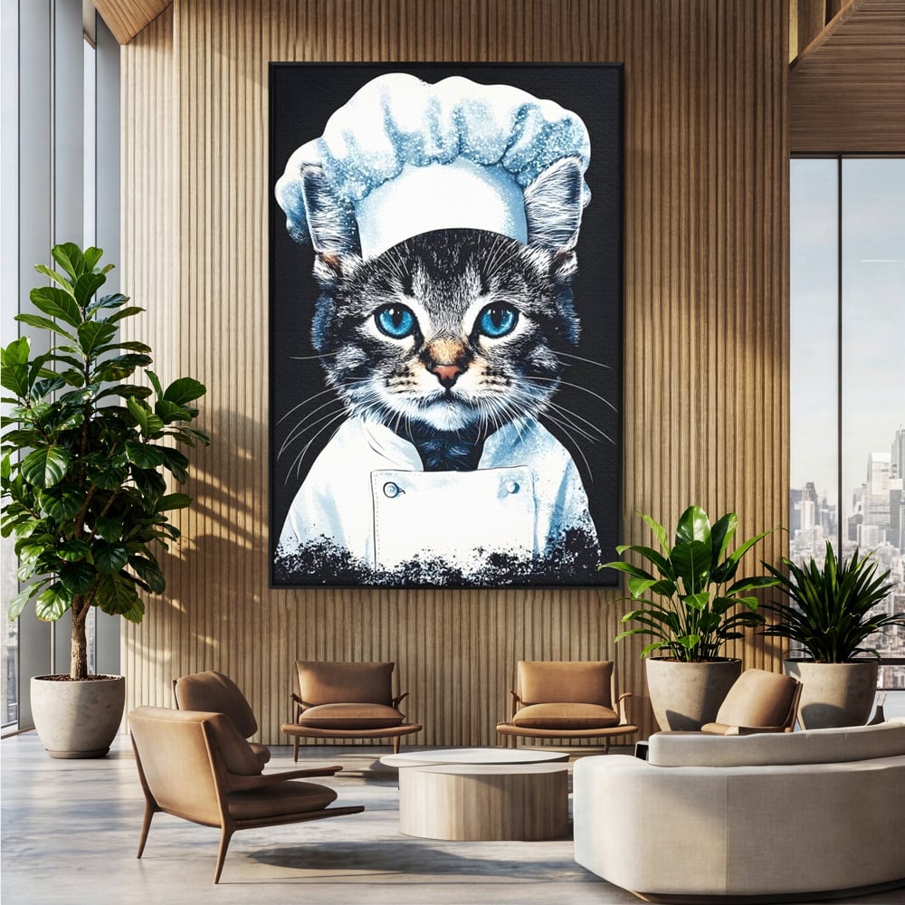 Fotoleinwand Canvas Premium, LuxCanva® M1215, Koch Gheruta, Katze, Küche, Gastronomie, Katze, Koch, Kostüm, Restaurant, liebenswert, fröhlich, heiter, flauschig, Büro, Wohnen, Wohnzimmer, Babyzimmer