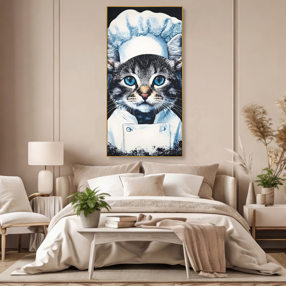 Fotoleinwand Canvas Premium, LuxCanva® M1215, Koch Gheruta, Katze, Küche, Gastronomie, Katze, Koch, Kostüm, Restaurant, liebenswert, fröhlich, heiter, flauschig, Büro, Wohnen, Wohnzimmer, Babyzimmer