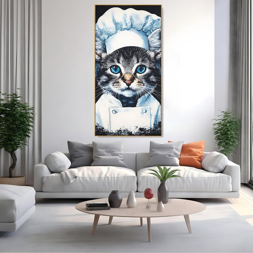 Fotoleinwand Canvas Premium, LuxCanva® M1215, Koch Gheruta, Katze, Küche, Gastronomie, Katze, Koch, Kostüm, Restaurant, liebenswert, fröhlich, heiter, flauschig, Büro, Wohnen, Wohnzimmer, Babyzimmer
