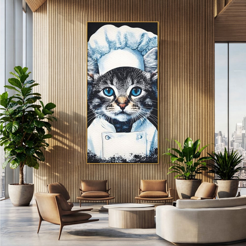 Fotoleinwand Canvas Premium, LuxCanva® M1215, Koch Gheruta, Katze, Küche, Gastronomie, Katze, Koch, Kostüm, Restaurant, liebenswert, fröhlich, heiter, flauschig, Büro, Wohnen, Wohnzimmer, Babyzimmer