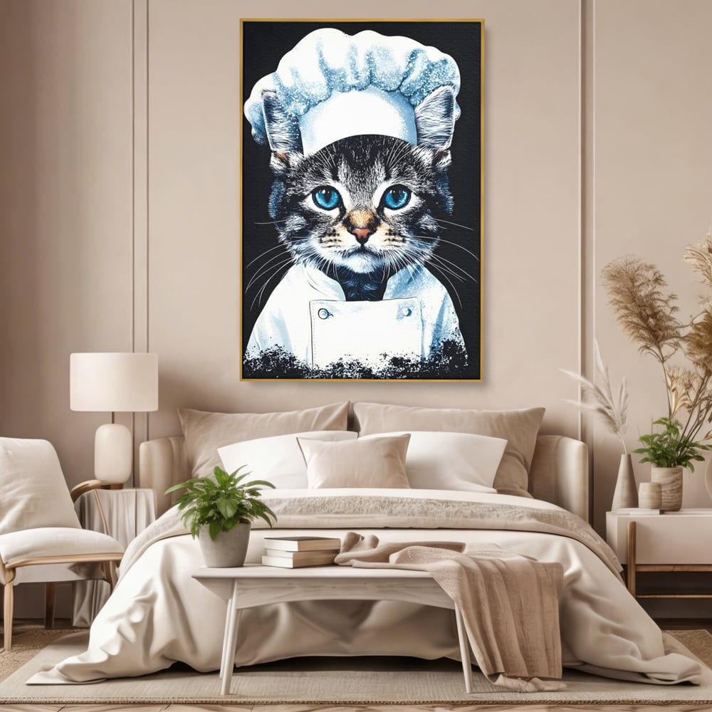 Fotoleinwand Canvas Premium, LuxCanva® M1215, Koch Gheruta, Katze, Küche, Gastronomie, Katze, Koch, Kostüm, Restaurant, liebenswert, fröhlich, heiter, flauschig, Büro, Wohnen, Wohnzimmer, Babyzimmer