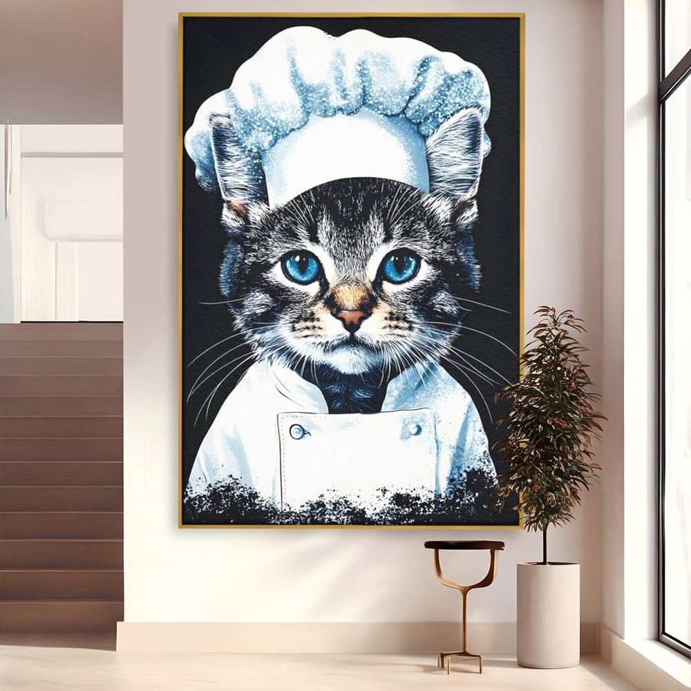 Fotoleinwand Canvas Premium, LuxCanva® M1215, Koch Gheruta, Katze, Küche, Gastronomie, Katze, Koch, Kostüm, Restaurant, liebenswert, fröhlich, heiter, flauschig, Büro, Wohnen, Wohnzimmer, Babyzimmer