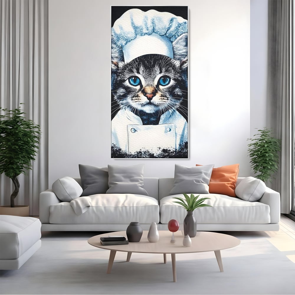 Fotoleinwand Canvas Premium, LuxCanva® M1215, Koch Gheruta, Katze, Küche, Gastronomie, Katze, Koch, Kostüm, Restaurant, liebenswert, fröhlich, heiter, flauschig, Büro, Wohnen, Wohnzimmer, Babyzimmer