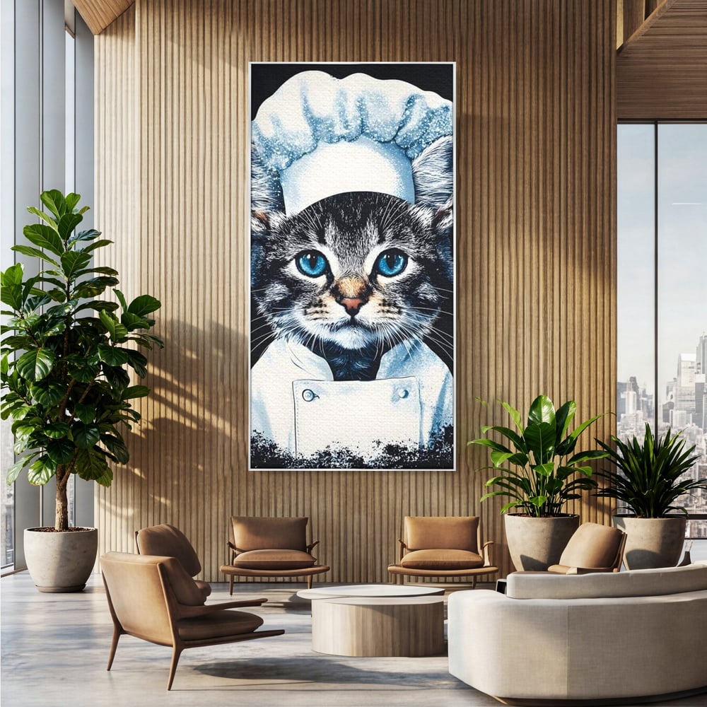 Fotoleinwand Canvas Premium, LuxCanva® M1215, Koch Gheruta, Katze, Küche, Gastronomie, Katze, Koch, Kostüm, Restaurant, liebenswert, fröhlich, heiter, flauschig, Büro, Wohnen, Wohnzimmer, Babyzimmer