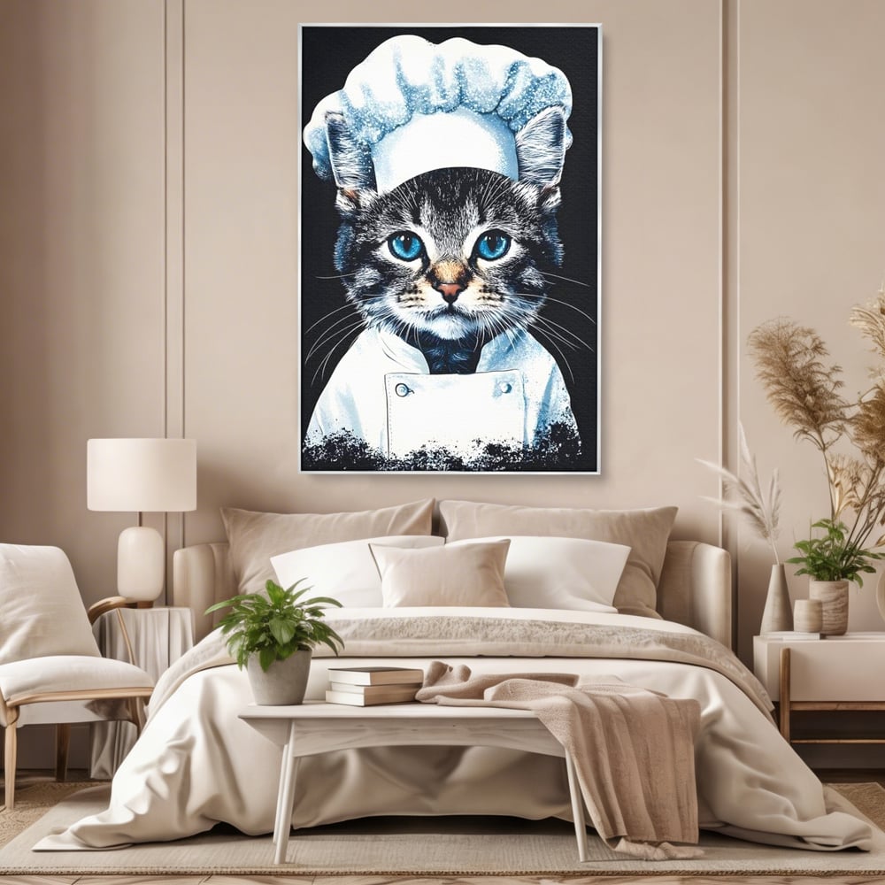 Fotoleinwand Canvas Premium, LuxCanva® M1215, Koch Gheruta, Katze, Küche, Gastronomie, Katze, Koch, Kostüm, Restaurant, liebenswert, fröhlich, heiter, flauschig, Büro, Wohnen, Wohnzimmer, Babyzimmer