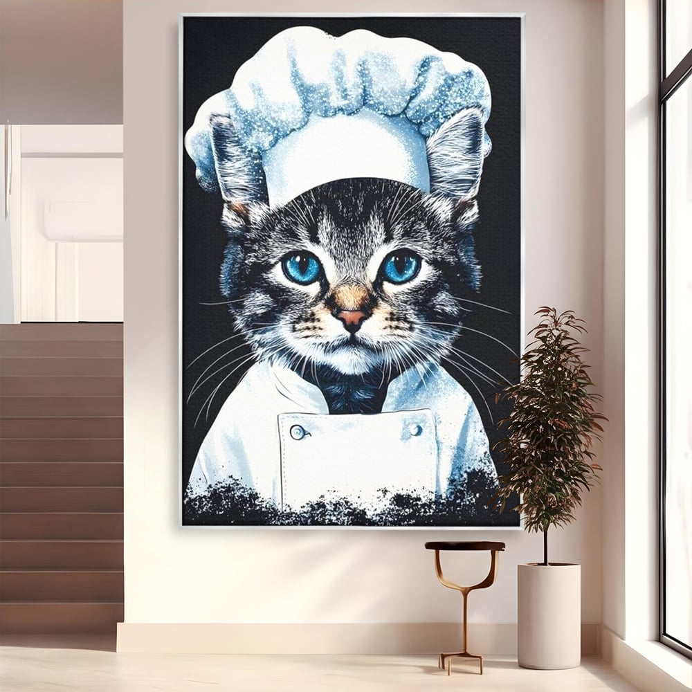 Fotoleinwand Canvas Premium, LuxCanva® M1215, Koch Gheruta, Katze, Küche, Gastronomie, Katze, Koch, Kostüm, Restaurant, liebenswert, fröhlich, heiter, flauschig, Büro, Wohnen, Wohnzimmer, Babyzimmer