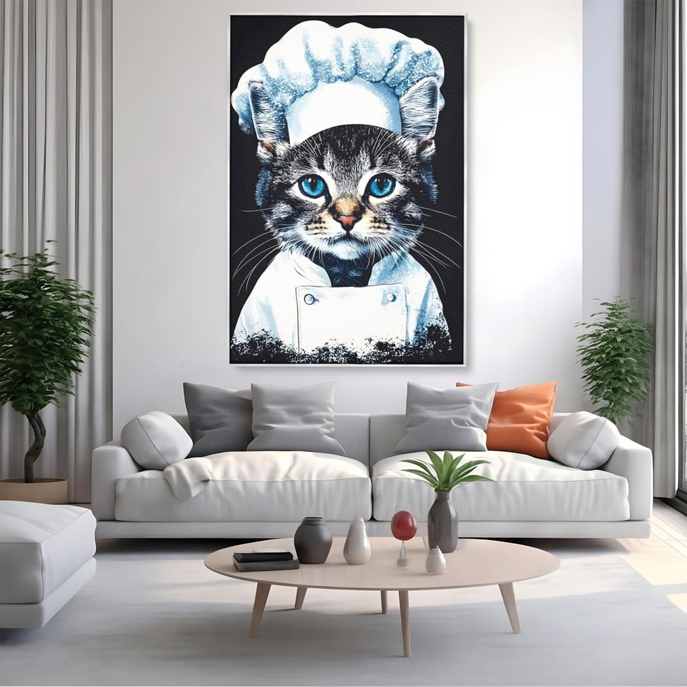 Fotoleinwand Canvas Premium, LuxCanva® M1215, Koch Gheruta, Katze, Küche, Gastronomie, Katze, Koch, Kostüm, Restaurant, liebenswert, fröhlich, heiter, flauschig, Büro, Wohnen, Wohnzimmer, Babyzimmer
