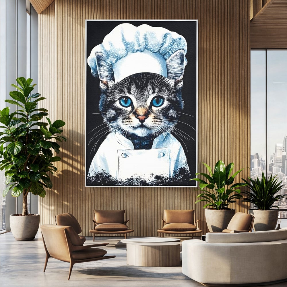 Fotoleinwand Canvas Premium, LuxCanva® M1215, Koch Gheruta, Katze, Küche, Gastronomie, Katze, Koch, Kostüm, Restaurant, liebenswert, fröhlich, heiter, flauschig, Büro, Wohnen, Wohnzimmer, Babyzimmer