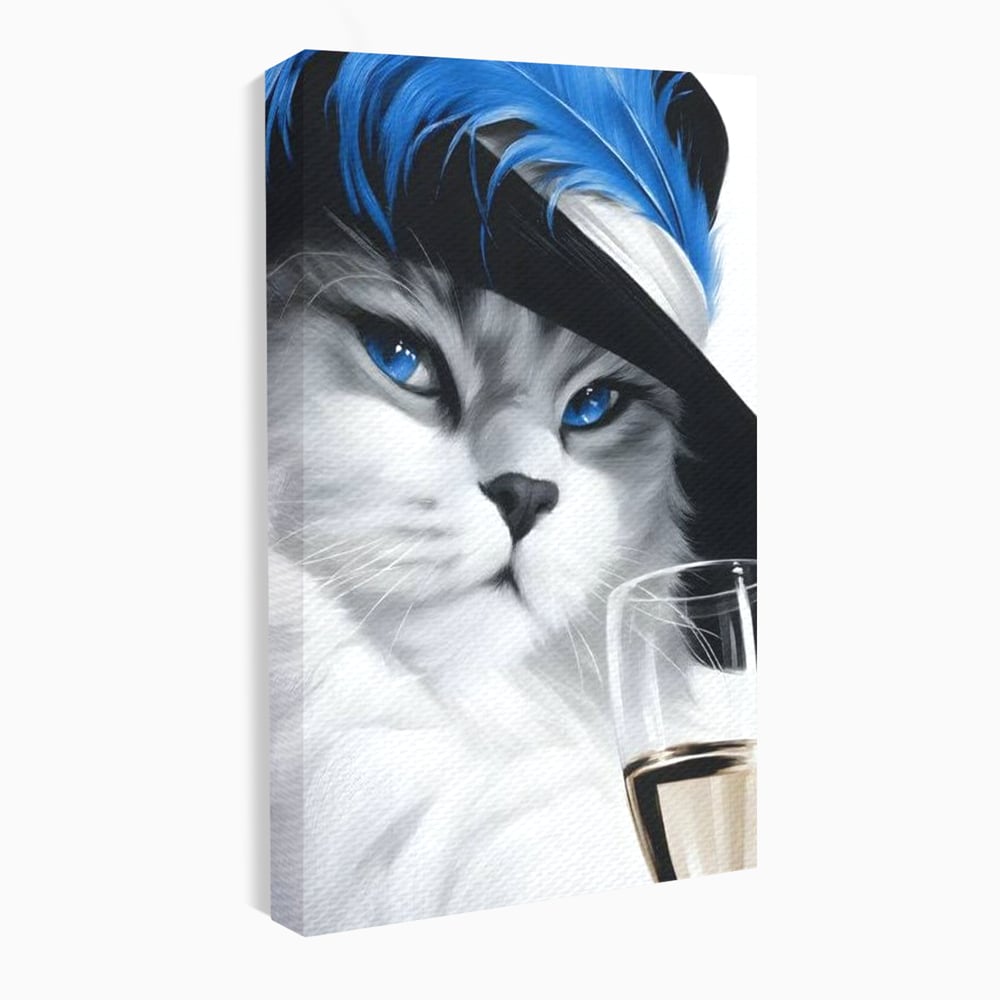 Leinwand Wandkunst Canvas Premium, LuxCanva® M1216, Feline Gräfin, Feline, Elegant, Glas, Champagner, Luxus, Party, Party, Hüte, Katze, Katze, Raffinesse, Feminin, Stil, Büro, Wohnen, Kinderzimmer