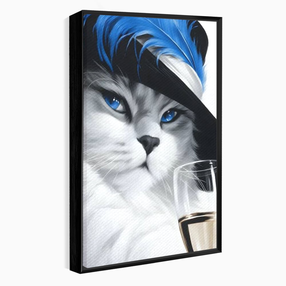 Leinwand Wandkunst Canvas Premium, LuxCanva® M1216, Feline Gräfin, Feline, Elegant, Glas, Champagner, Luxus, Party, Party, Hüte, Katze, Katze, Raffinesse, Feminin, Stil, Büro, Wohnen, Kinderzimmer