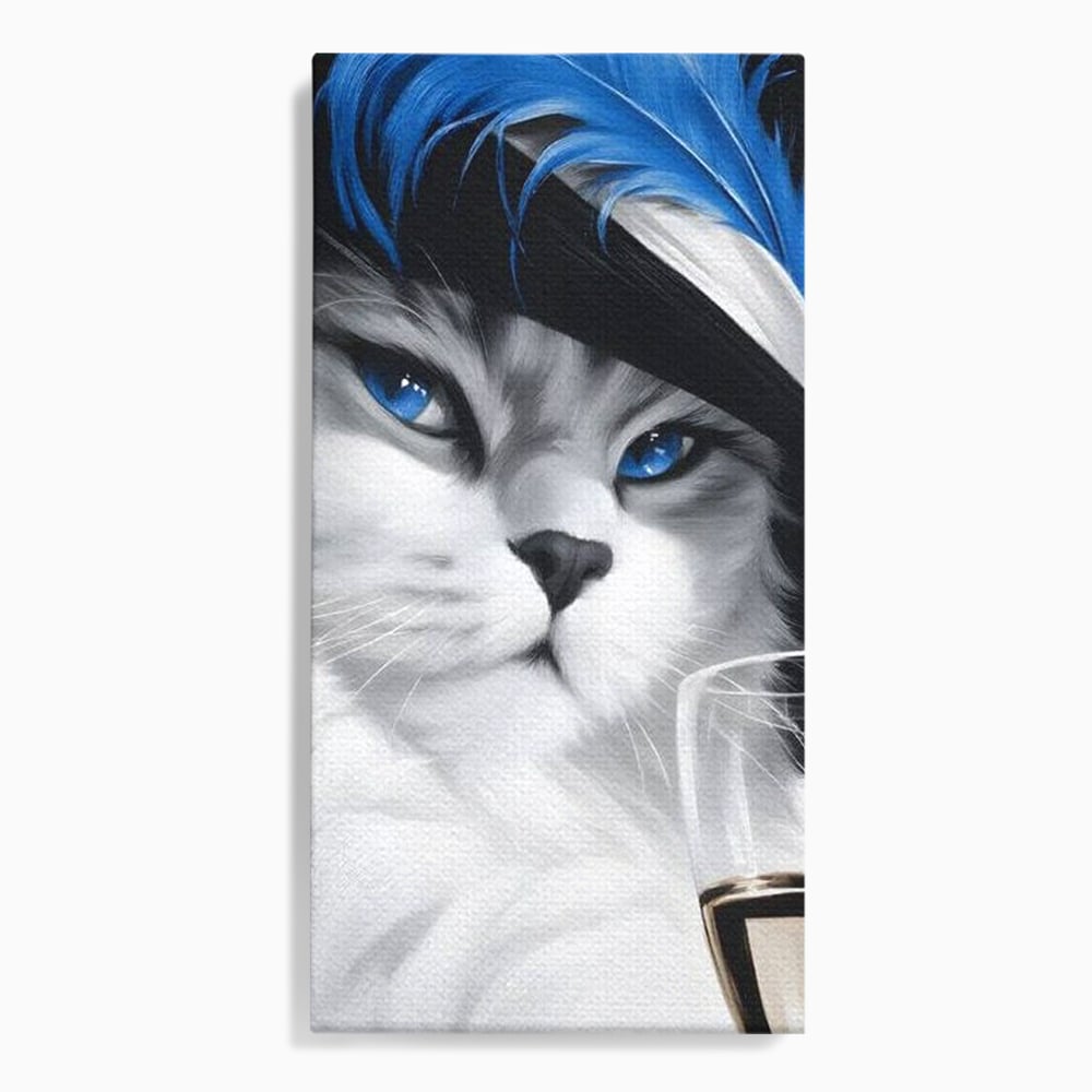 Leinwand Wandkunst Canvas Premium, LuxCanva® M1216, Feline Gräfin, Feline, Elegant, Glas, Champagner, Luxus, Party, Party, Hüte, Katze, Katze, Raffinesse, Feminin, Stil, Büro, Wohnen, Kinderzimmer
