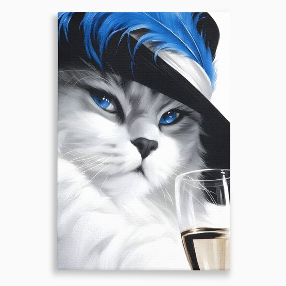 Leinwand Wandkunst Canvas Premium, LuxCanva® M1216, Feline Gräfin, Feline, Elegant, Glas, Champagner, Luxus, Party, Party, Hüte, Katze, Katze, Raffinesse, Feminin, Stil, Büro, Wohnen, Kinderzimmer