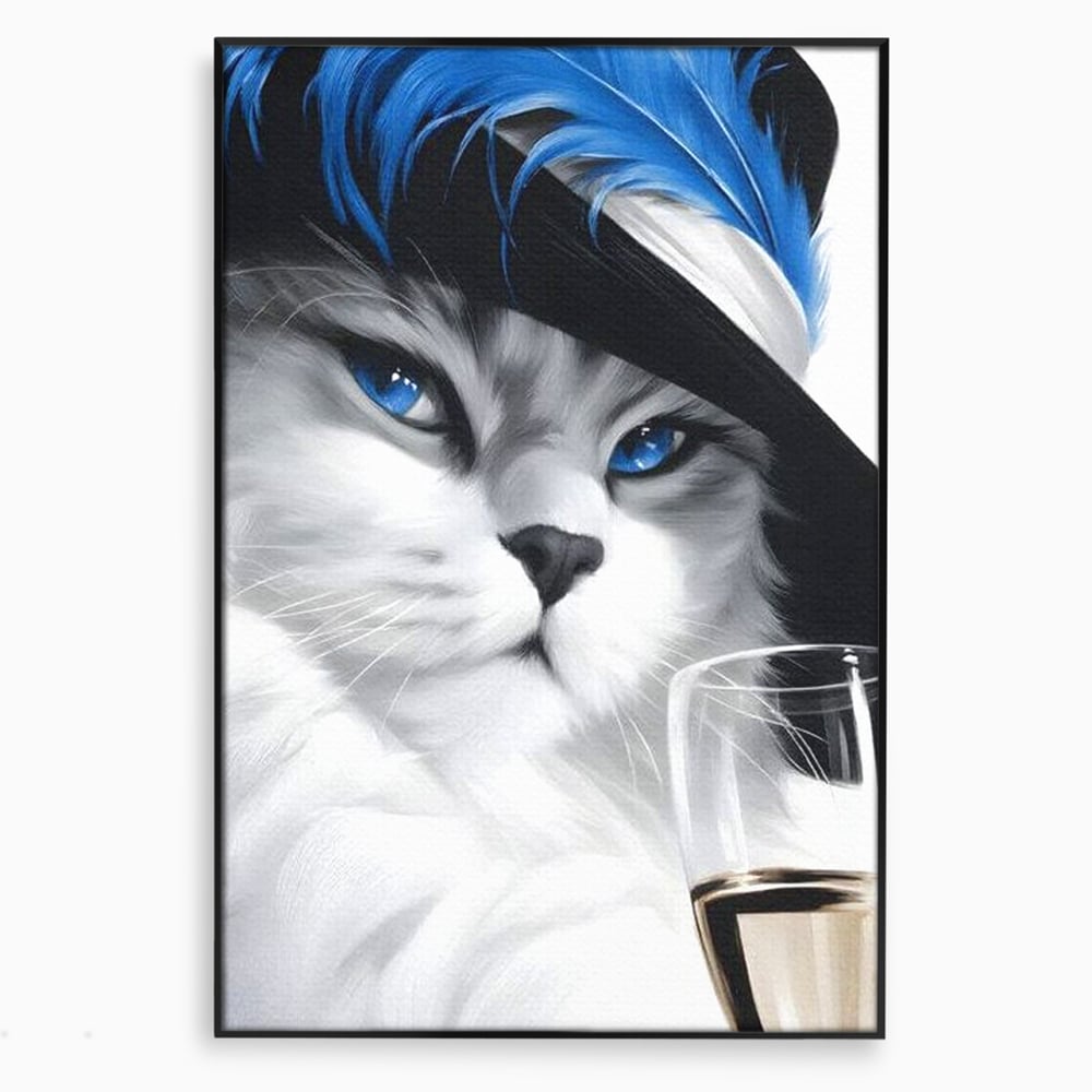 Leinwand Wandkunst Canvas Premium, LuxCanva® M1216, Feline Gräfin, Feline, Elegant, Glas, Champagner, Luxus, Party, Party, Hüte, Katze, Katze, Raffinesse, Feminin, Stil, Büro, Wohnen, Kinderzimmer