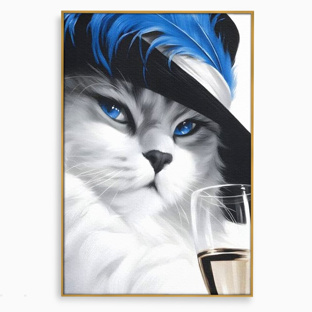 Leinwand Wandkunst Canvas Premium, LuxCanva® M1216, Feline Gräfin, Feline, Elegant, Glas, Champagner, Luxus, Party, Party, Hüte, Katze, Katze, Raffinesse, Feminin, Stil, Büro, Wohnen, Kinderzimmer