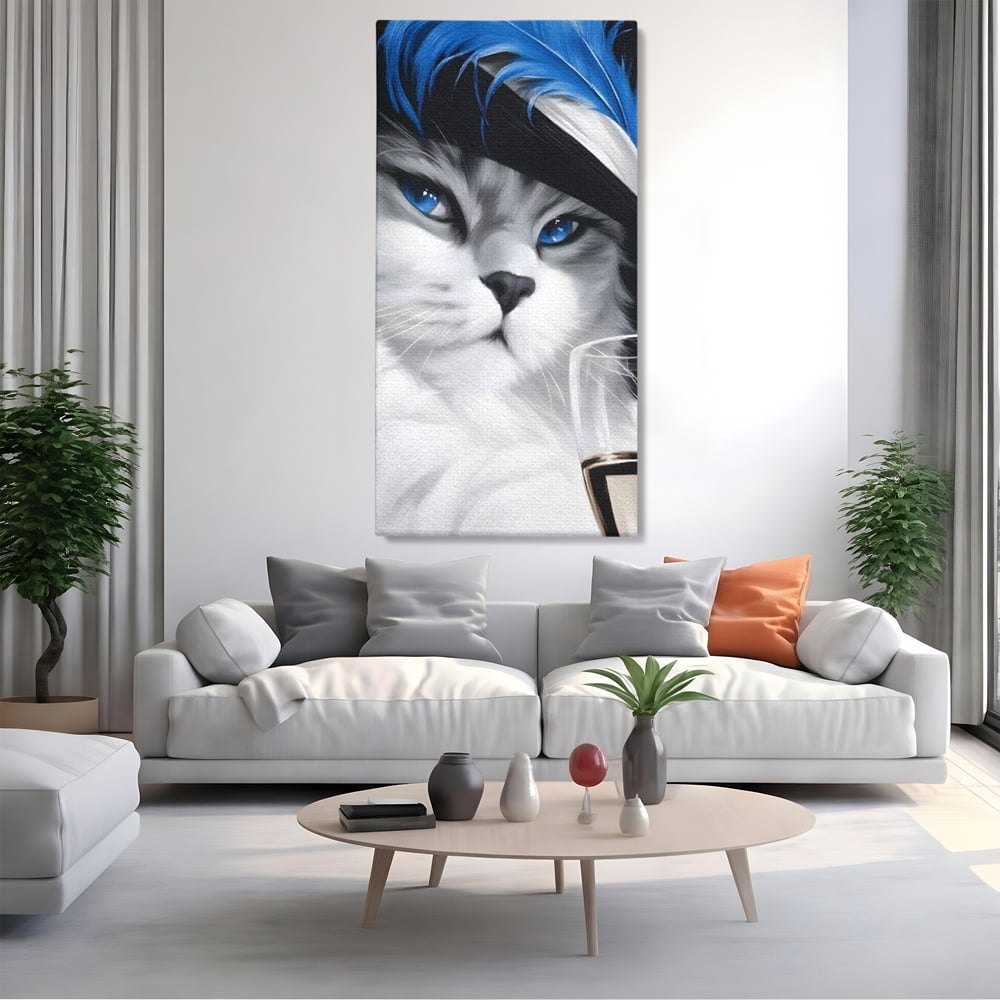 Leinwand Wandkunst Canvas Premium, LuxCanva® M1216, Feline Gräfin, Feline, Elegant, Glas, Champagner, Luxus, Party, Party, Hüte, Katze, Katze, Raffinesse, Feminin, Stil, Büro, Wohnen, Kinderzimmer