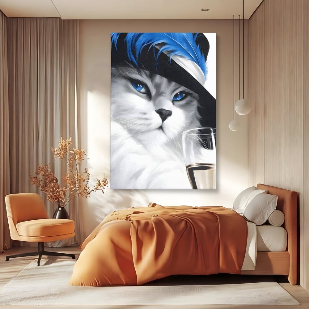 Leinwand Wandkunst Canvas Premium, LuxCanva® M1216, Feline Gräfin, Feline, Elegant, Glas, Champagner, Luxus, Party, Party, Hüte, Katze, Katze, Raffinesse, Feminin, Stil, Büro, Wohnen, Kinderzimmer