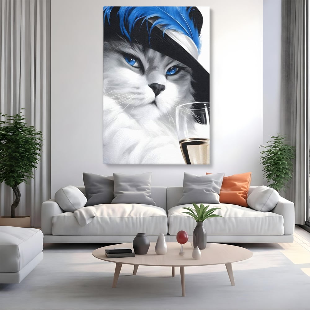 Leinwand Wandkunst Canvas Premium, LuxCanva® M1216, Feline Gräfin, Feline, Elegant, Glas, Champagner, Luxus, Party, Party, Hüte, Katze, Katze, Raffinesse, Feminin, Stil, Büro, Wohnen, Kinderzimmer