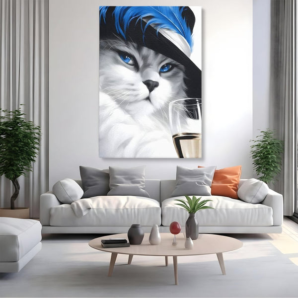 Leinwand Wandkunst Canvas Premium, LuxCanva® M1216, Feline Gräfin, Feline, Elegant, Glas, Champagner, Luxus, Party, Party, Hüte, Katze, Katze, Raffinesse, Feminin, Stil, Büro, Wohnen, Kinderzimmer
