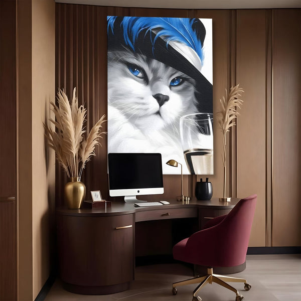 Leinwand Wandkunst Canvas Premium, LuxCanva® M1216, Feline Gräfin, Feline, Elegant, Glas, Champagner, Luxus, Party, Party, Hüte, Katze, Katze, Raffinesse, Feminin, Stil, Büro, Wohnen, Kinderzimmer