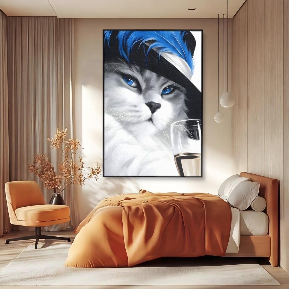 Leinwand Wandkunst Canvas Premium, LuxCanva® M1216, Feline Gräfin, Feline, Elegant, Glas, Champagner, Luxus, Party, Party, Hüte, Katze, Katze, Raffinesse, Feminin, Stil, Büro, Wohnen, Kinderzimmer