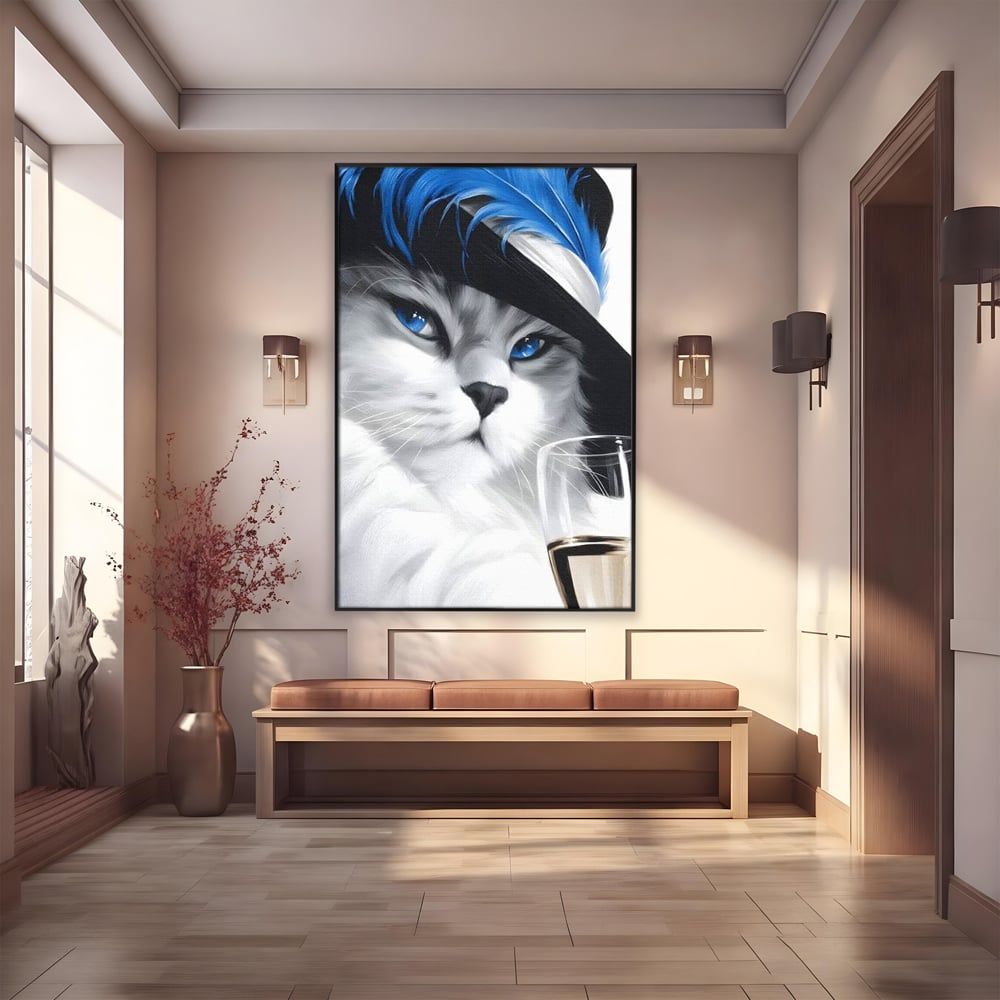 Leinwand Wandkunst Canvas Premium, LuxCanva® M1216, Feline Gräfin, Feline, Elegant, Glas, Champagner, Luxus, Party, Party, Hüte, Katze, Katze, Raffinesse, Feminin, Stil, Büro, Wohnen, Kinderzimmer