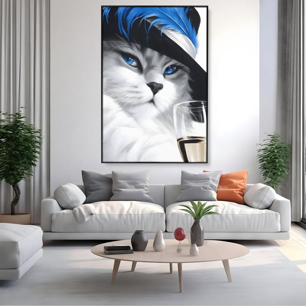 Leinwand Wandkunst Canvas Premium, LuxCanva® M1216, Feline Gräfin, Feline, Elegant, Glas, Champagner, Luxus, Party, Party, Hüte, Katze, Katze, Raffinesse, Feminin, Stil, Büro, Wohnen, Kinderzimmer