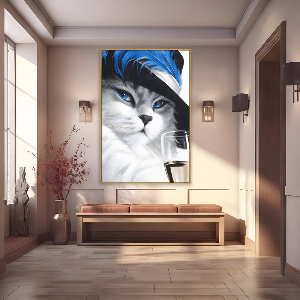 Leinwand Wandkunst Canvas Premium, LuxCanva® M1216, Feline Gräfin, Feline, Elegant, Glas, Champagner, Luxus, Party, Party, Hüte, Katze, Katze, Raffinesse, Feminin, Stil, Büro, Wohnen, Kinderzimmer