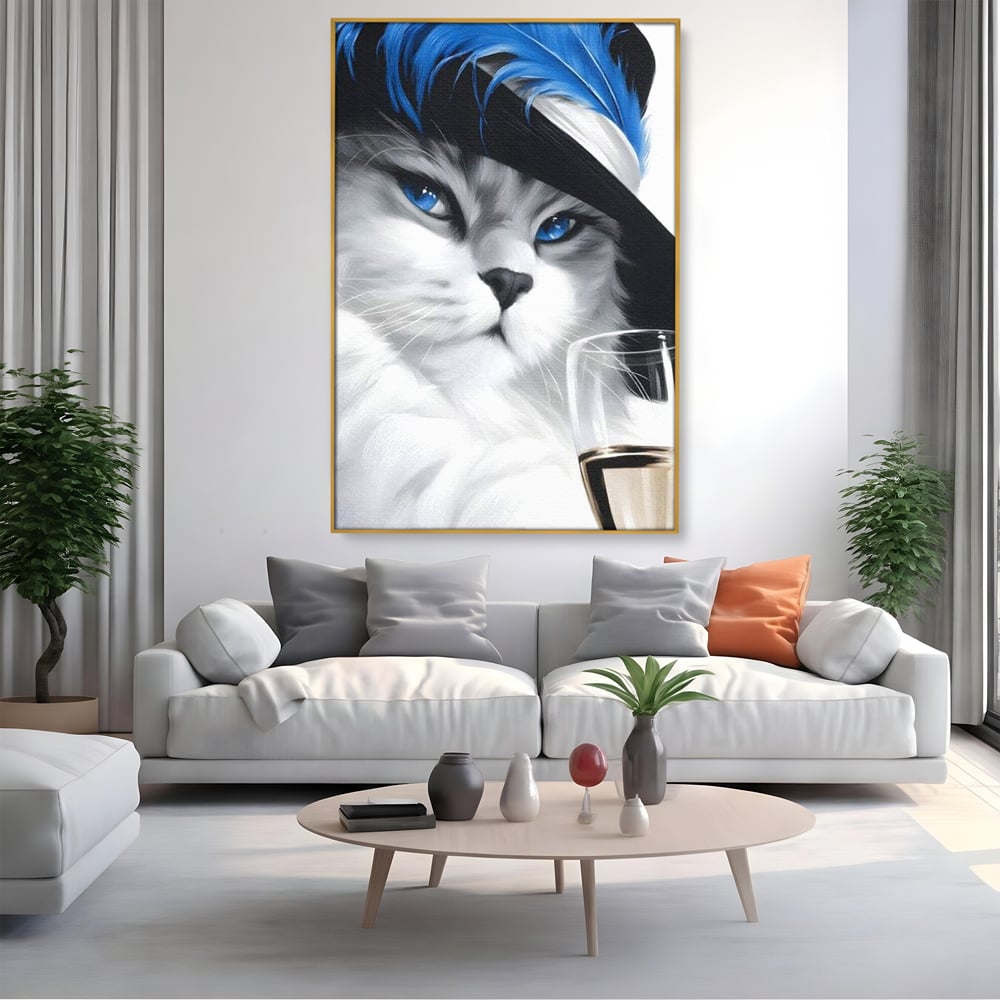 Leinwand Wandkunst Canvas Premium, LuxCanva® M1216, Feline Gräfin, Feline, Elegant, Glas, Champagner, Luxus, Party, Party, Hüte, Katze, Katze, Raffinesse, Feminin, Stil, Büro, Wohnen, Kinderzimmer