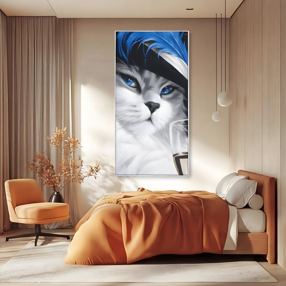 Leinwand Wandkunst Canvas Premium, LuxCanva® M1216, Feline Gräfin, Feline, Elegant, Glas, Champagner, Luxus, Party, Party, Hüte, Katze, Katze, Raffinesse, Feminin, Stil, Büro, Wohnen, Kinderzimmer