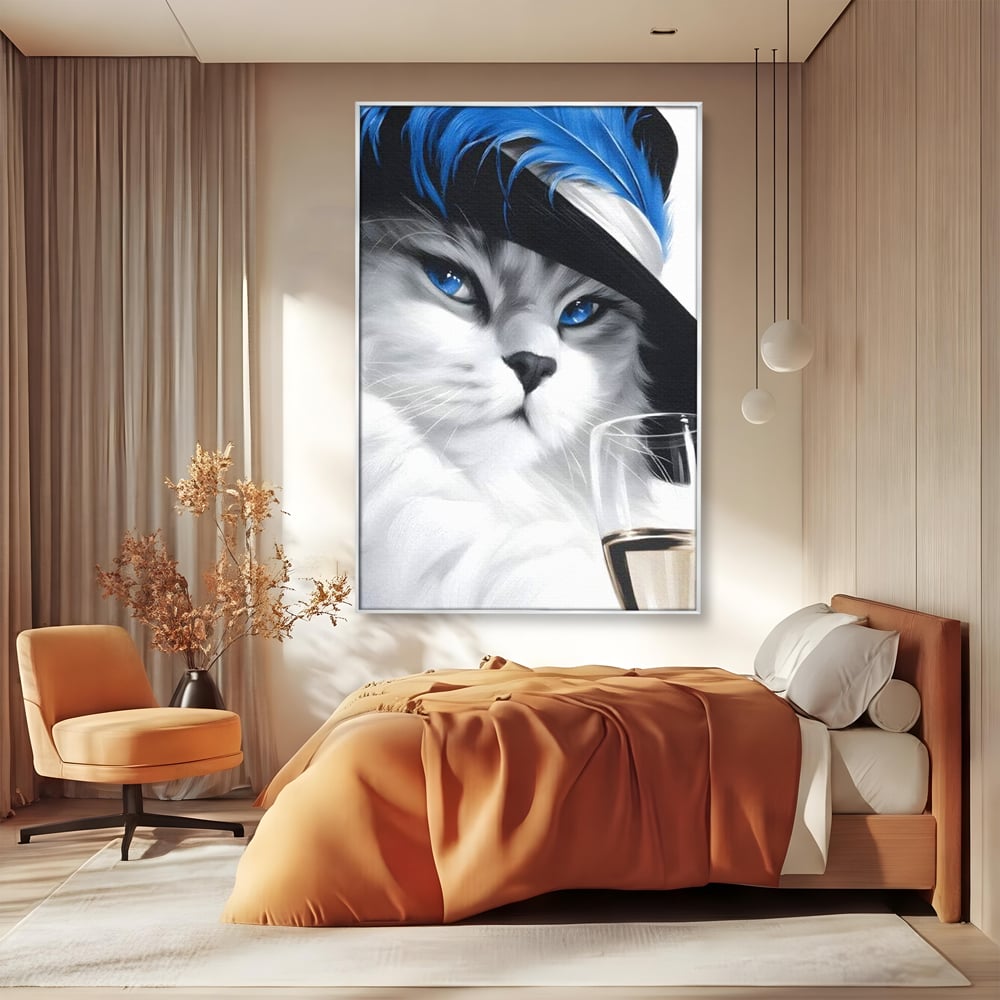 Leinwand Wandkunst Canvas Premium, LuxCanva® M1216, Feline Gräfin, Feline, Elegant, Glas, Champagner, Luxus, Party, Party, Hüte, Katze, Katze, Raffinesse, Feminin, Stil, Büro, Wohnen, Kinderzimmer