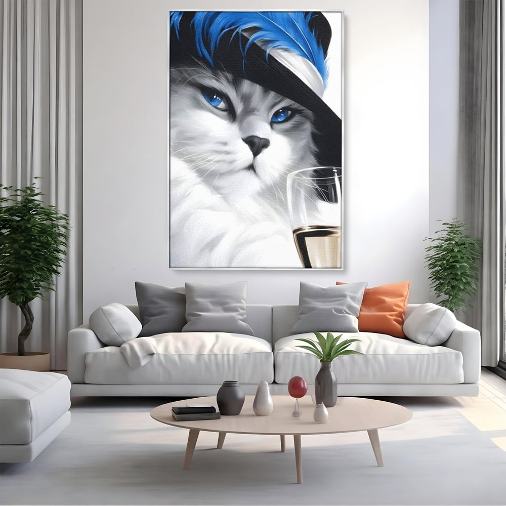 Leinwand Wandkunst Canvas Premium, LuxCanva® M1216, Feline Gräfin, Feline, Elegant, Glas, Champagner, Luxus, Party, Party, Hüte, Katze, Katze, Raffinesse, Feminin, Stil, Büro, Wohnen, Kinderzimmer
