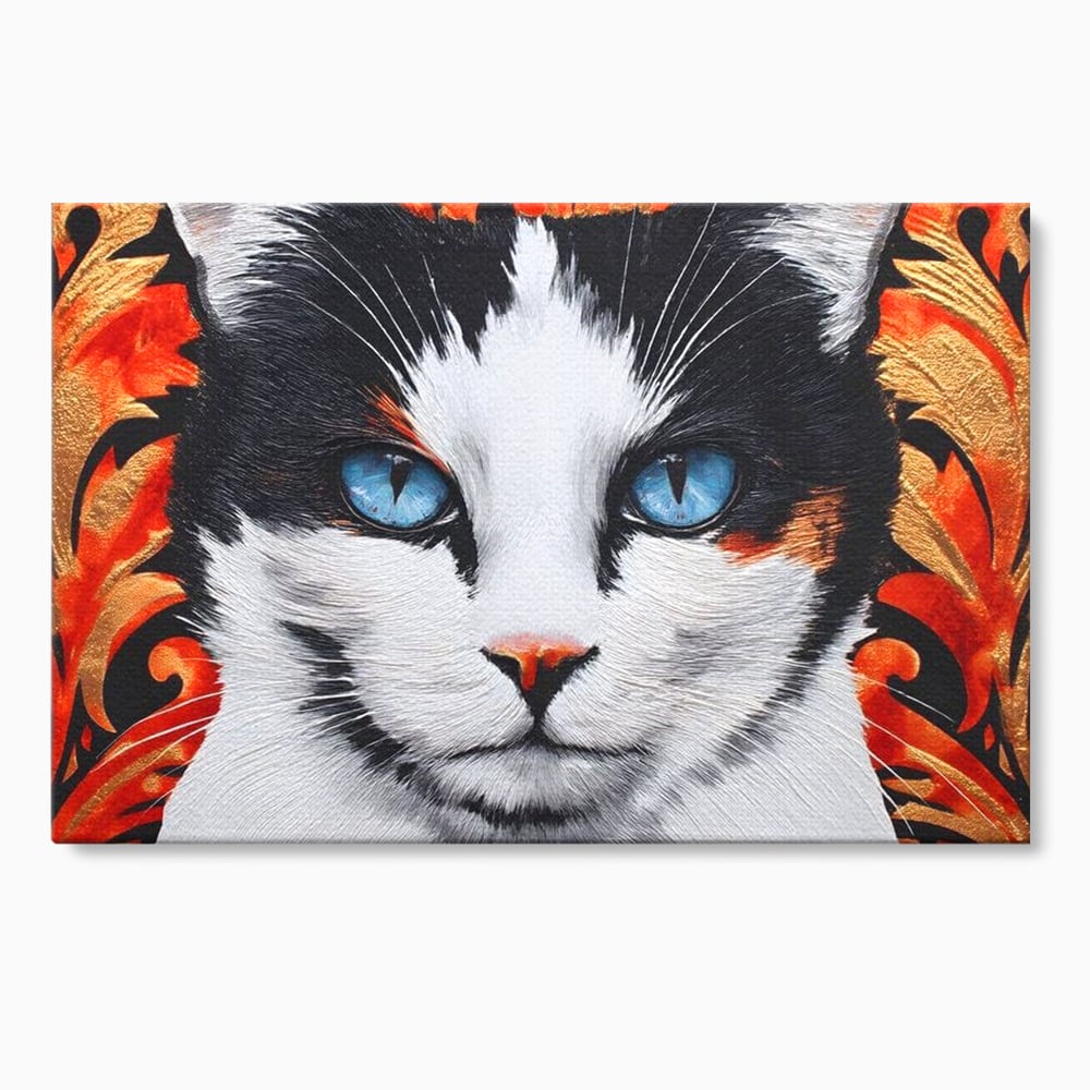 Tablou Canvas Premium, LuxCanva® M1218, Ochi de Portelan, Privire, Felina, Expresie, Ornamental, Portret, Ochi, Pisica, Decorativ, Auriu, Arabesc, Birou, Living, Camera Copil