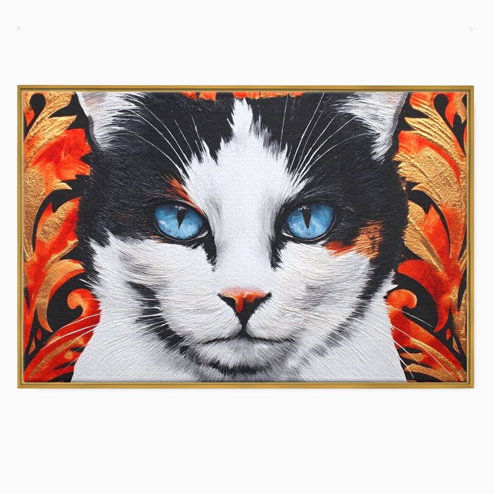 Tablou Canvas Premium, LuxCanva® M1218, Ochi de Portelan, Privire, Felina, Expresie, Ornamental, Portret, Ochi, Pisica, Decorativ, Auriu, Arabesc, Birou, Living, Camera Copil