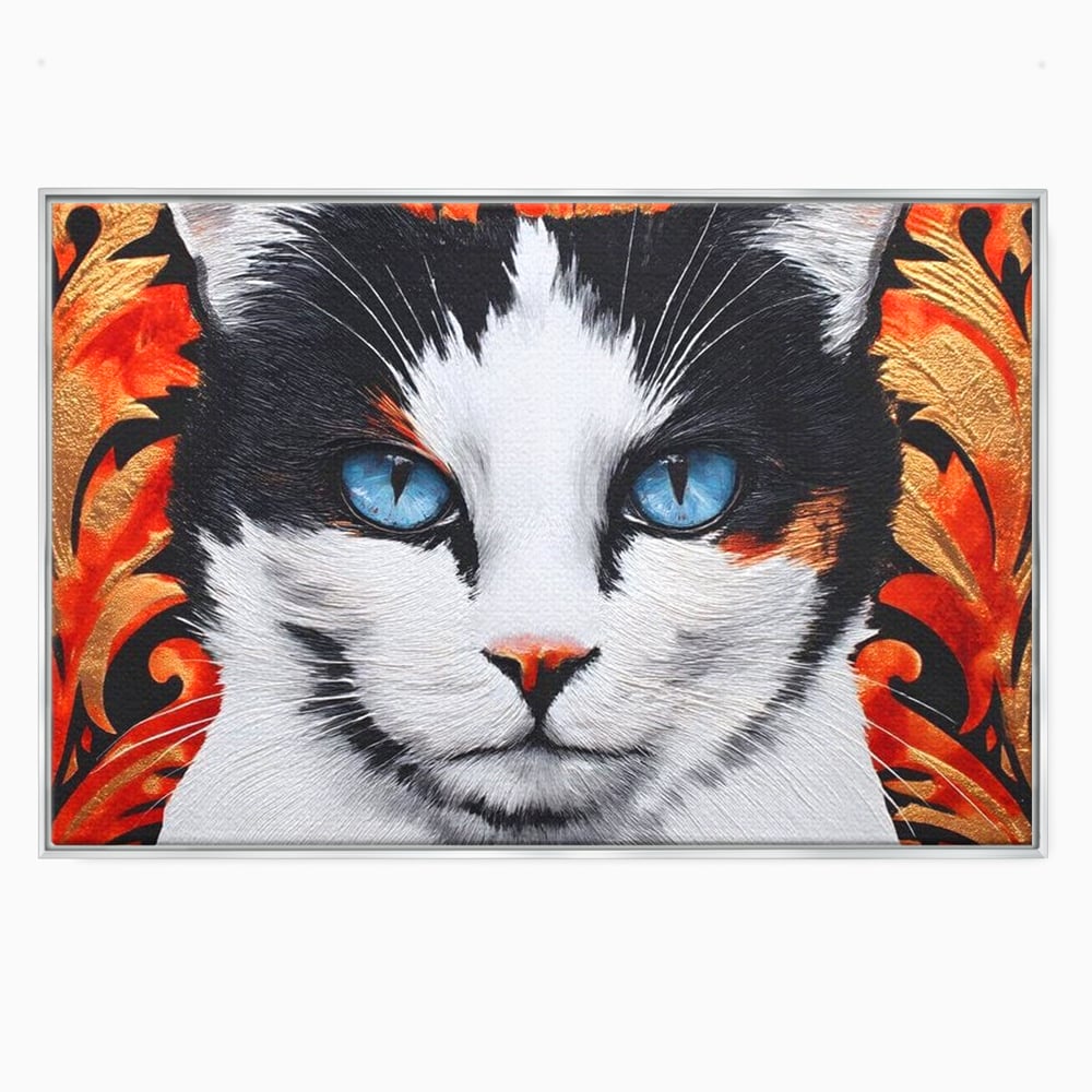 Tablou Canvas Premium, LuxCanva® M1218, Ochi de Portelan, Privire, Felina, Expresie, Ornamental, Portret, Ochi, Pisica, Decorativ, Auriu, Arabesc, Birou, Living, Camera Copil