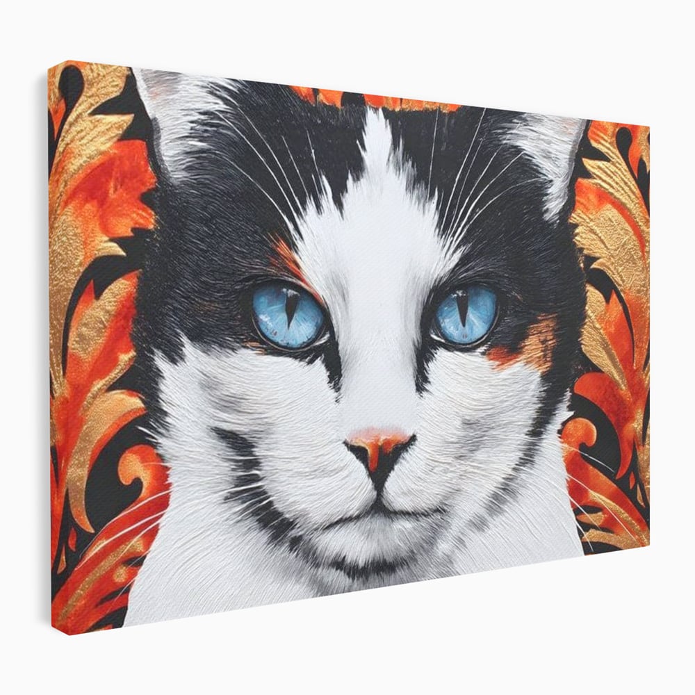 Tablou Canvas Premium, LuxCanva® M1218, Ochi de Portelan, Privire, Felina, Expresie, Ornamental, Portret, Ochi, Pisica, Decorativ, Auriu, Arabesc, Birou, Living, Camera Copil