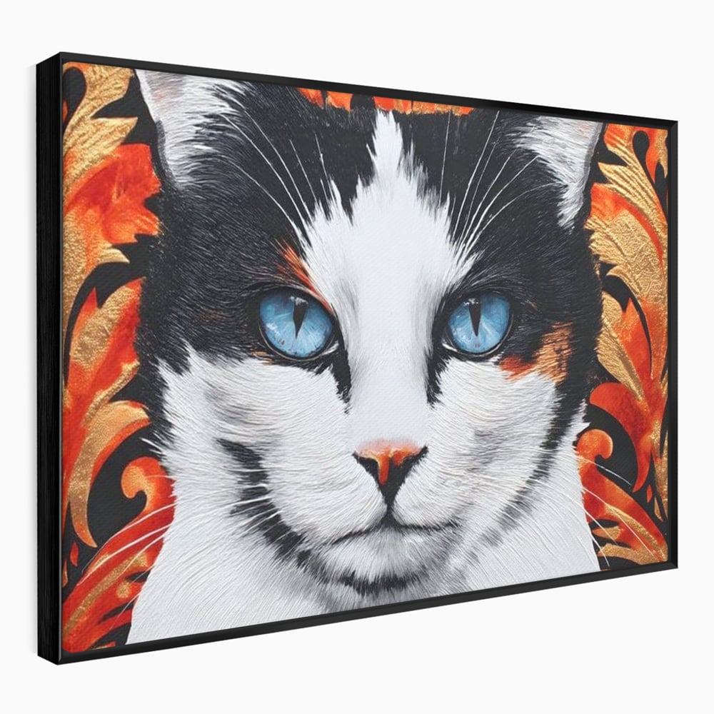 Tablou Canvas Premium, LuxCanva® M1218, Ochi de Portelan, Privire, Felina, Expresie, Ornamental, Portret, Ochi, Pisica, Decorativ, Auriu, Arabesc, Birou, Living, Camera Copil