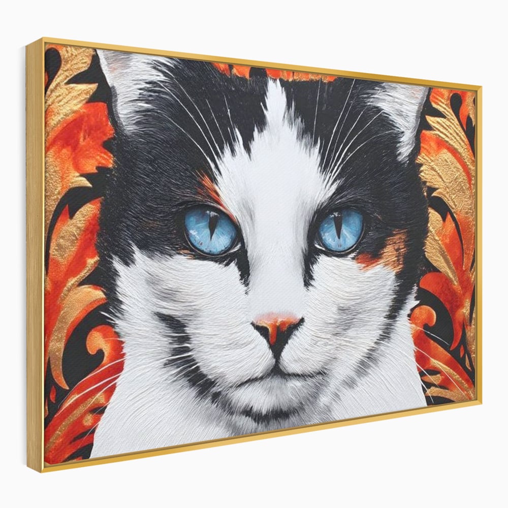 Tablou Canvas Premium, LuxCanva® M1218, Ochi de Portelan, Privire, Felina, Expresie, Ornamental, Portret, Ochi, Pisica, Decorativ, Auriu, Arabesc, Birou, Living, Camera Copil