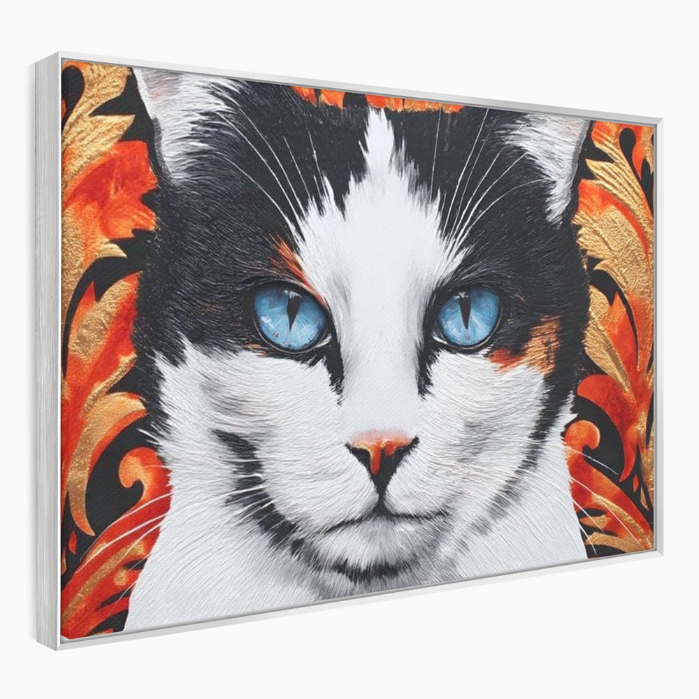 Tablou Canvas Premium, LuxCanva® M1218, Ochi de Portelan, Privire, Felina, Expresie, Ornamental, Portret, Ochi, Pisica, Decorativ, Auriu, Arabesc, Birou, Living, Camera Copil
