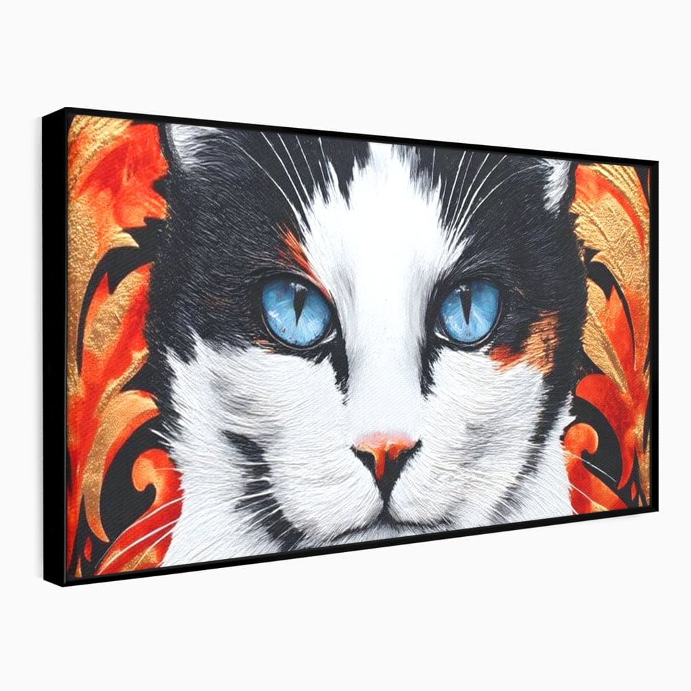 Tablou Canvas Premium, LuxCanva® M1218, Ochi de Portelan, Privire, Felina, Expresie, Ornamental, Portret, Ochi, Pisica, Decorativ, Auriu, Arabesc, Birou, Living, Camera Copil