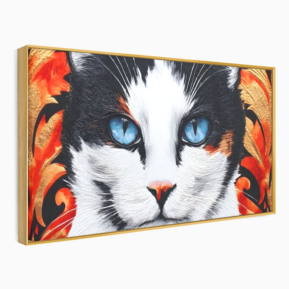Tablou Canvas Premium, LuxCanva® M1218, Ochi de Portelan, Privire, Felina, Expresie, Ornamental, Portret, Ochi, Pisica, Decorativ, Auriu, Arabesc, Birou, Living, Camera Copil