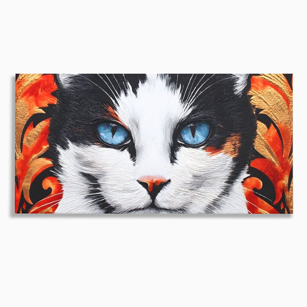 Tablou Canvas Premium, LuxCanva® M1218, Ochi de Portelan, Privire, Felina, Expresie, Ornamental, Portret, Ochi, Pisica, Decorativ, Auriu, Arabesc, Birou, Living, Camera Copil