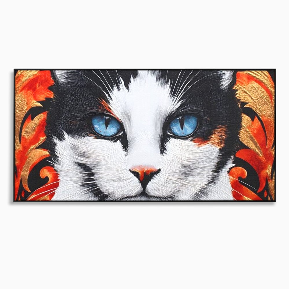 Tablou Canvas Premium, LuxCanva® M1218, Ochi de Portelan, Privire, Felina, Expresie, Ornamental, Portret, Ochi, Pisica, Decorativ, Auriu, Arabesc, Birou, Living, Camera Copil