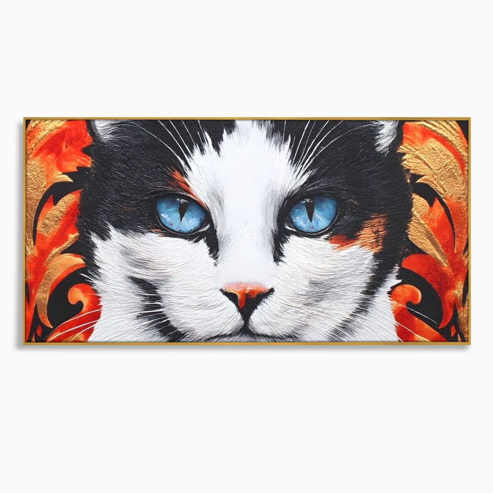 Tablou Canvas Premium, LuxCanva® M1218, Ochi de Portelan, Privire, Felina, Expresie, Ornamental, Portret, Ochi, Pisica, Decorativ, Auriu, Arabesc, Birou, Living, Camera Copil