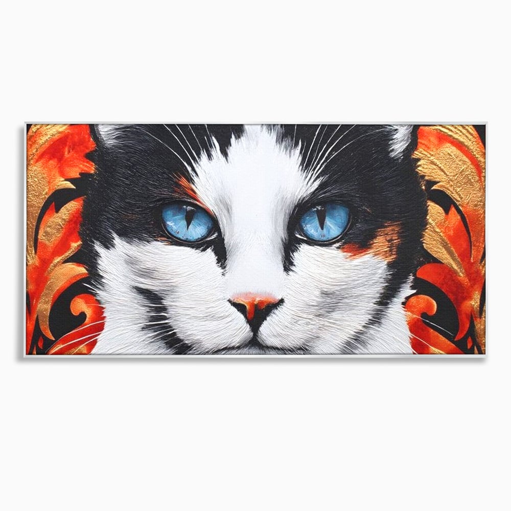 Tablou Canvas Premium, LuxCanva® M1218, Ochi de Portelan, Privire, Felina, Expresie, Ornamental, Portret, Ochi, Pisica, Decorativ, Auriu, Arabesc, Birou, Living, Camera Copil